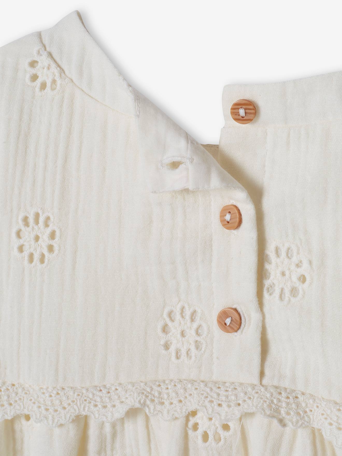 Blusa de chiffon de algodão cru com bordado floral para meninas