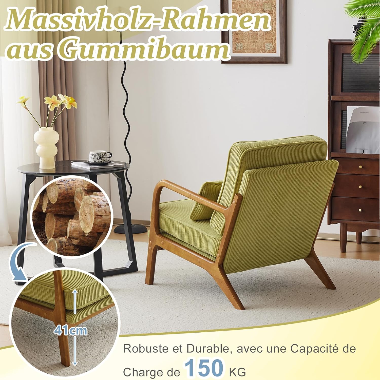 Bonnlo Sessel Gepolsterter Cocktailsessel, Moderner loungesessel, Ohrensessel für Wohnzimmer, Polsterstuhl mit Massivholz, Lesesessel, bis 200 kg belastbar, Cord-Stoff (Grün)