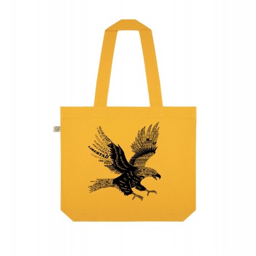 Bolsa de tecido com estampa de águia amarela, um totem animal.