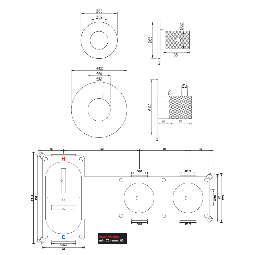 Brauer Brushed Carving inbouw badkraan met 3 standen handdouche RVS geborsteld PVD