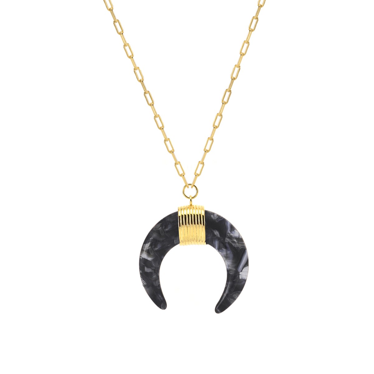 Collier En Argent Doré Et Pendentif En Acétate Noire