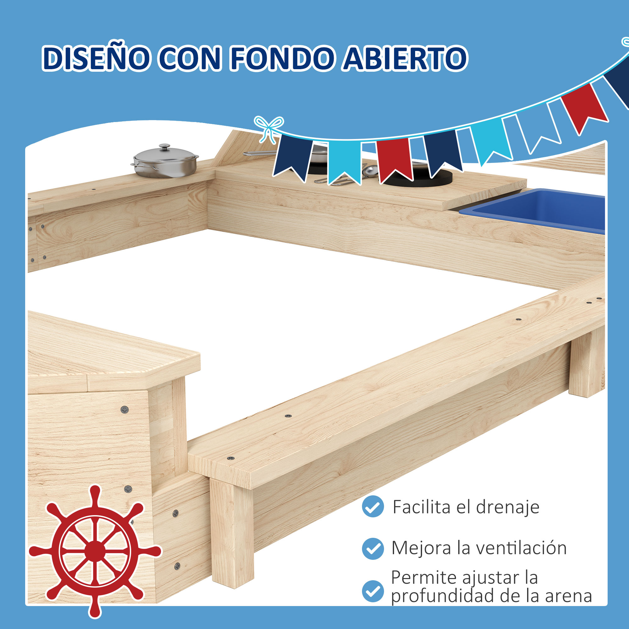 Caixa de areia de madeira natural Outsunny para crianças