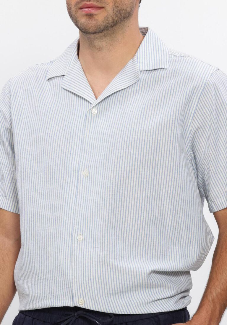 blauwe les deux casual overhemd lukas stripe cotton linen ss shirt