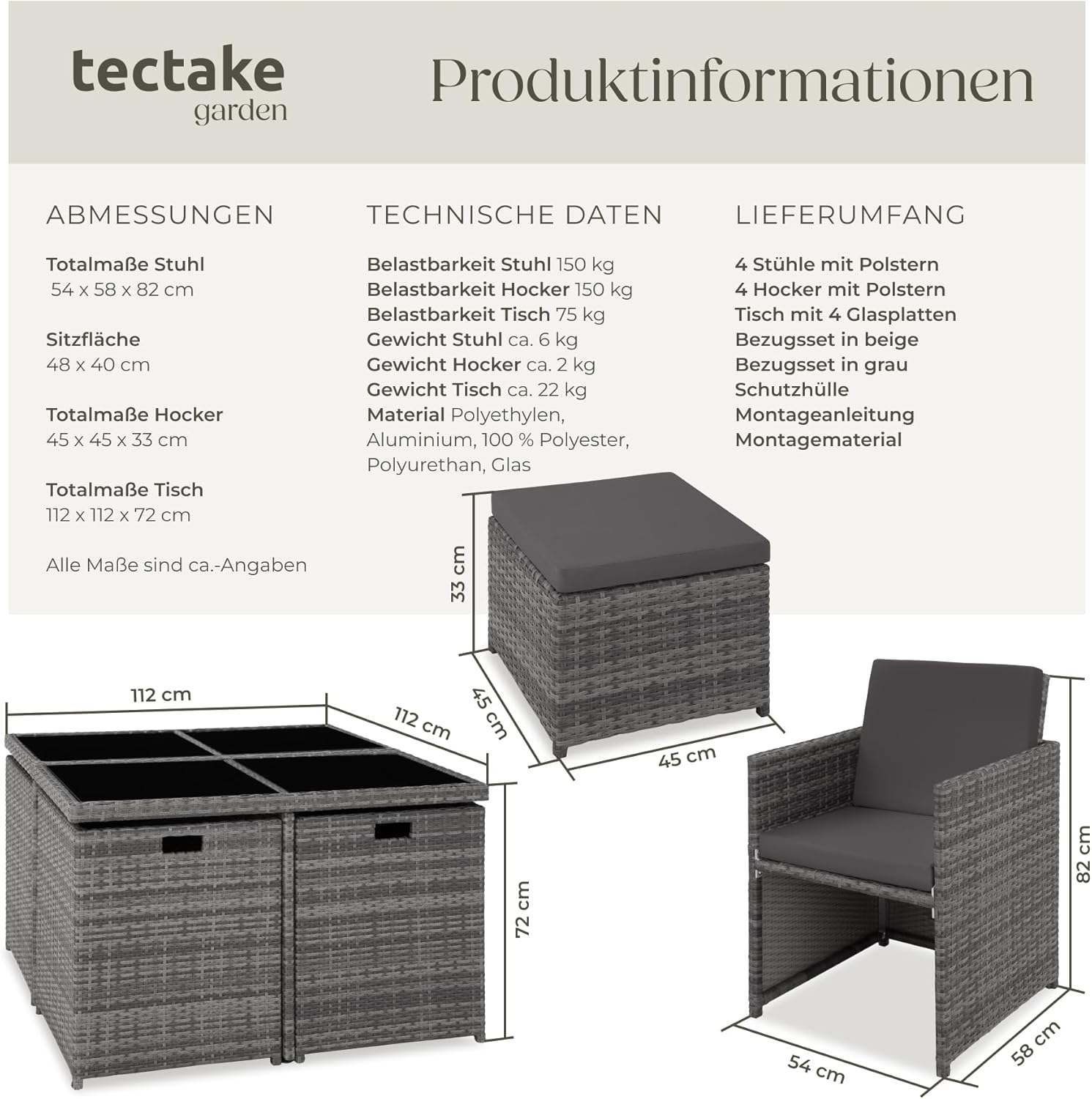 tectake® Lounge Möbel Set 4X Stühle, 4X Hocker, 1x Tisch, platzsparende Cube Aufbewahrung, Outdoor Rattan Gartenmöbel für Balkon, Garten und Terrasse, mit Abdeckung und Wechselbezügen - grau