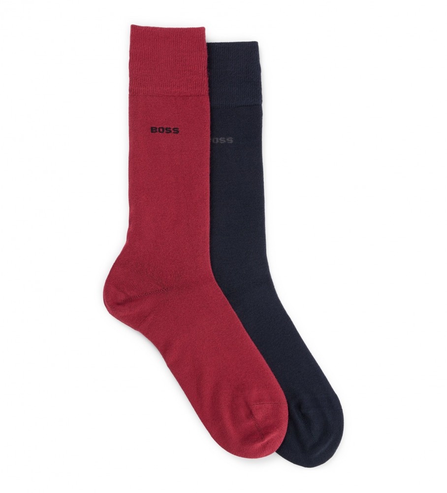 Pacote com 2 pares de meias de bambu BOSS, vermelhas e azul-marinho.