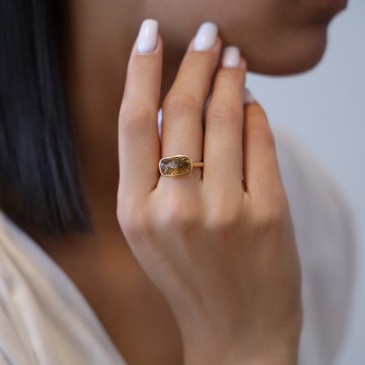 Bague Argent Doré Petit Galet Brun