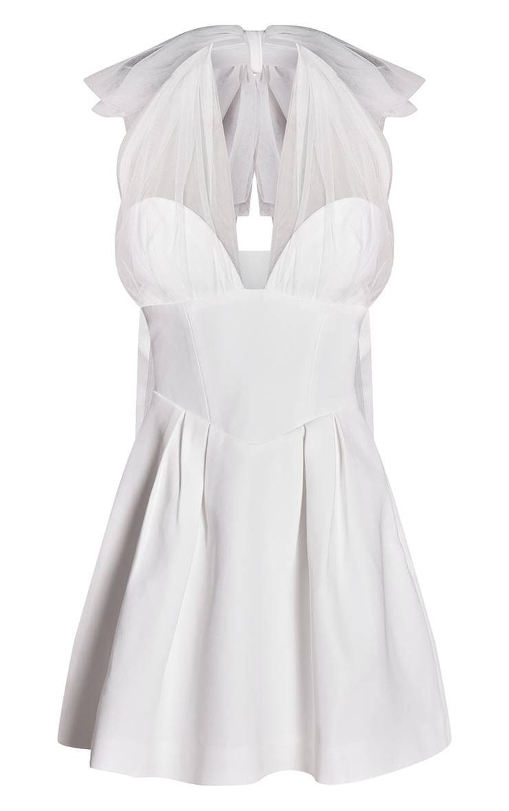 Blanc Robe Patineuse Premium En Organza Avec Nœud Détail Bustier