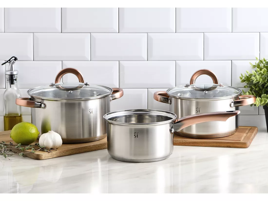 Batterie de cuisine en acier inoxydable 5 pièces, adaptée à l'induction, collection Onil