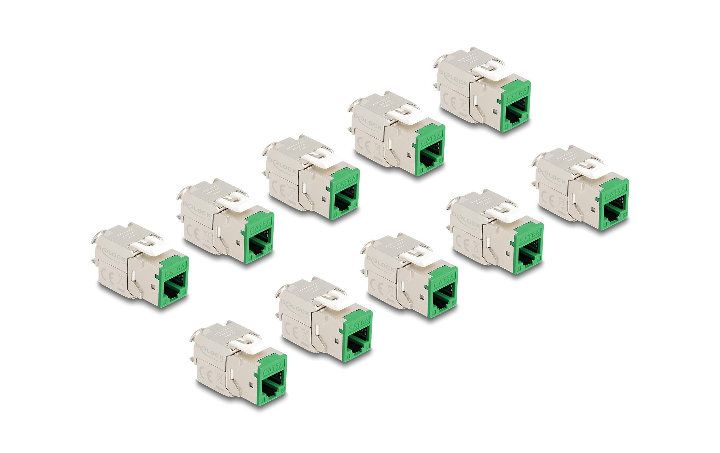 Keystone-Modul RJ45 zu LSA Cat.6A Grün, 10 StückDelock Keystone Modul RJ45 Buchse zu LSA Cat.6A werkzeugfrei grün Set 10 Stück