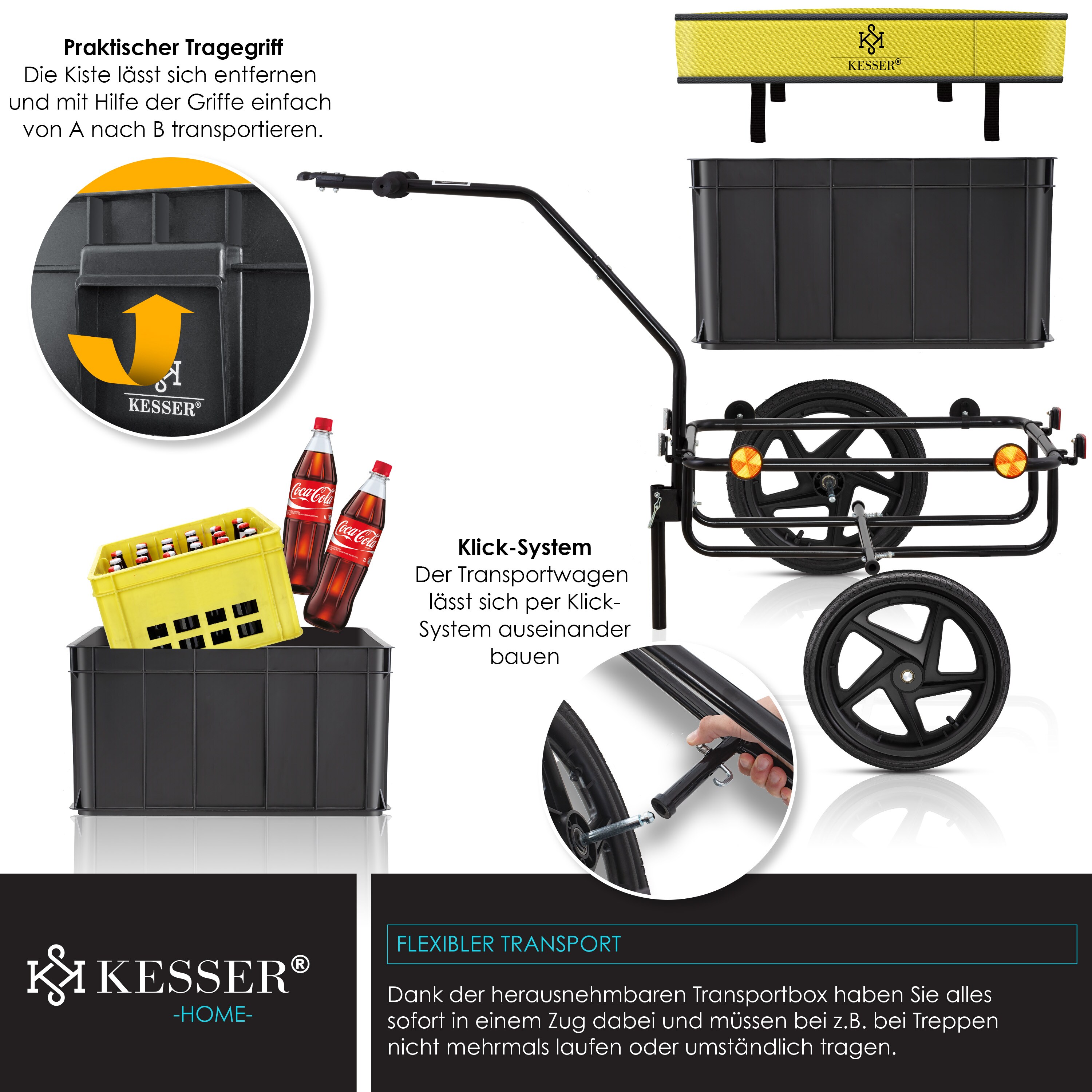 KESSER® Fahrradanhänger Lastenanhänger Handwagen mit Kupplung Hochdeichsel für Fahrrad Transportanhänger Transportbox mit 70 Liter Volumen Max. 60kgfür Fahrräder mit 26'' - 28''