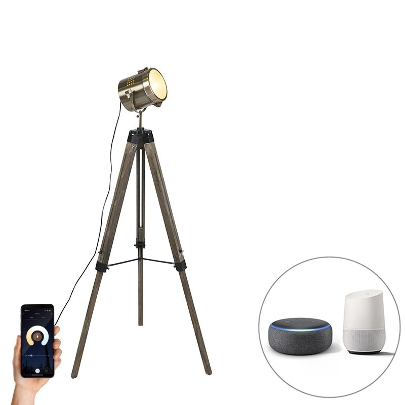 Smart vloerlamp tripod hout met studiospot incl. Wifi B35  - Braha