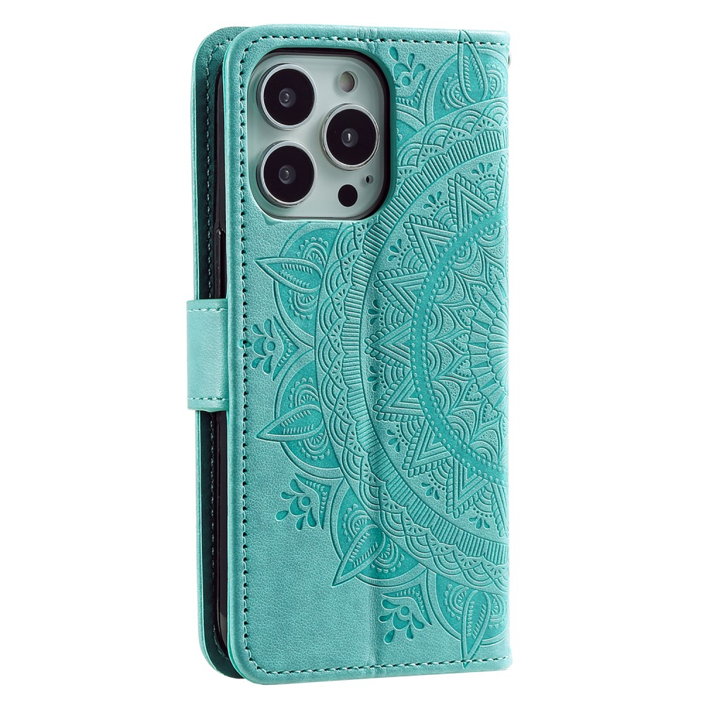 iPhone 15 Pro Max Leder Tasche Wallet - Mandala Flowers Imprint - Türkis