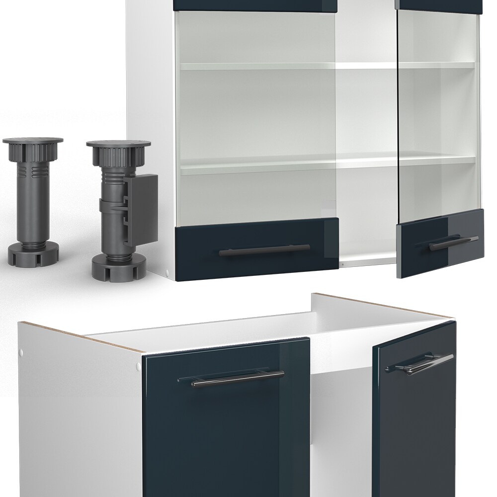 Vicco Küchenzeile Fame-Line Weiß Dunkelblau Hochglanz 240 cm ohne Arbeitsplatte