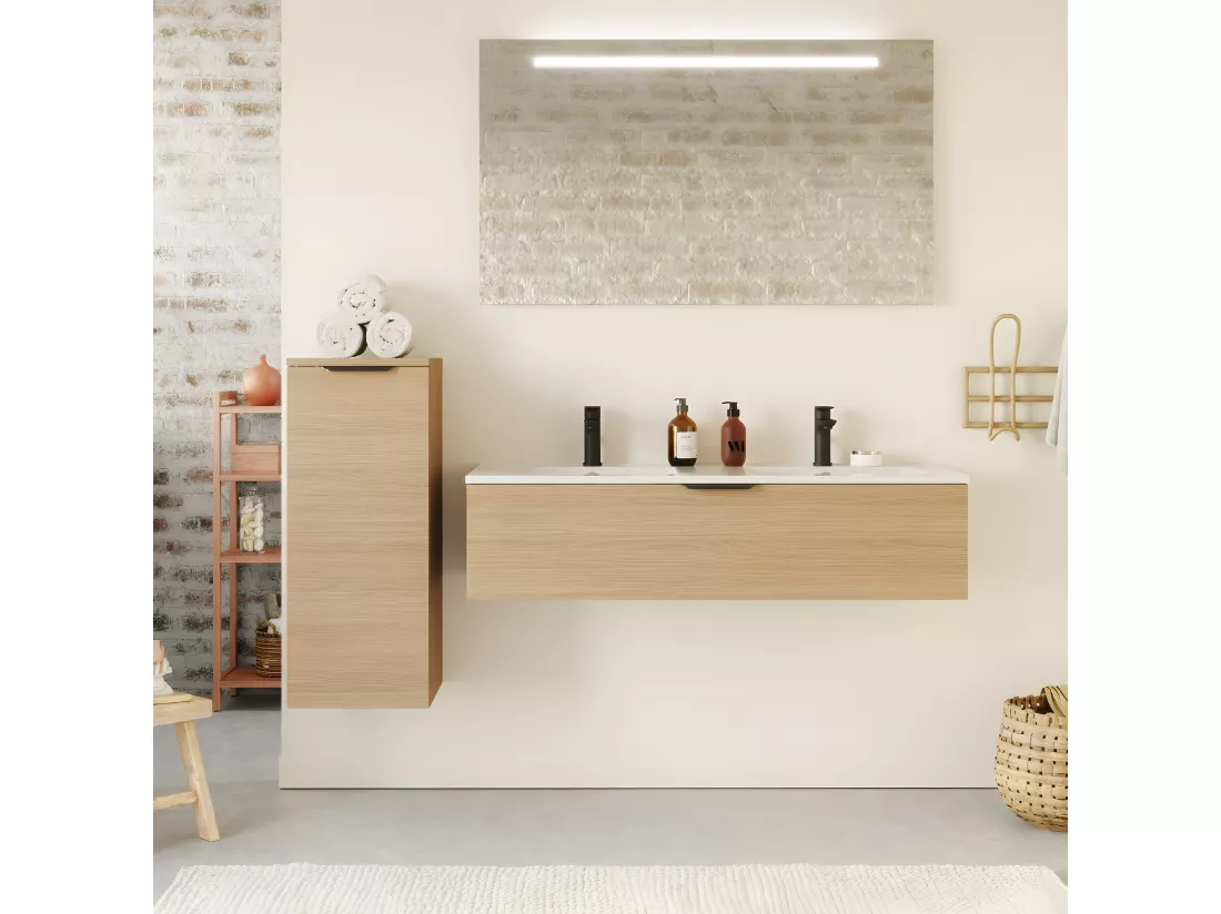 Meuble de salle de bain suspendu double vasque intégrée 120cm 1 tiroir Chêne clair - Venice