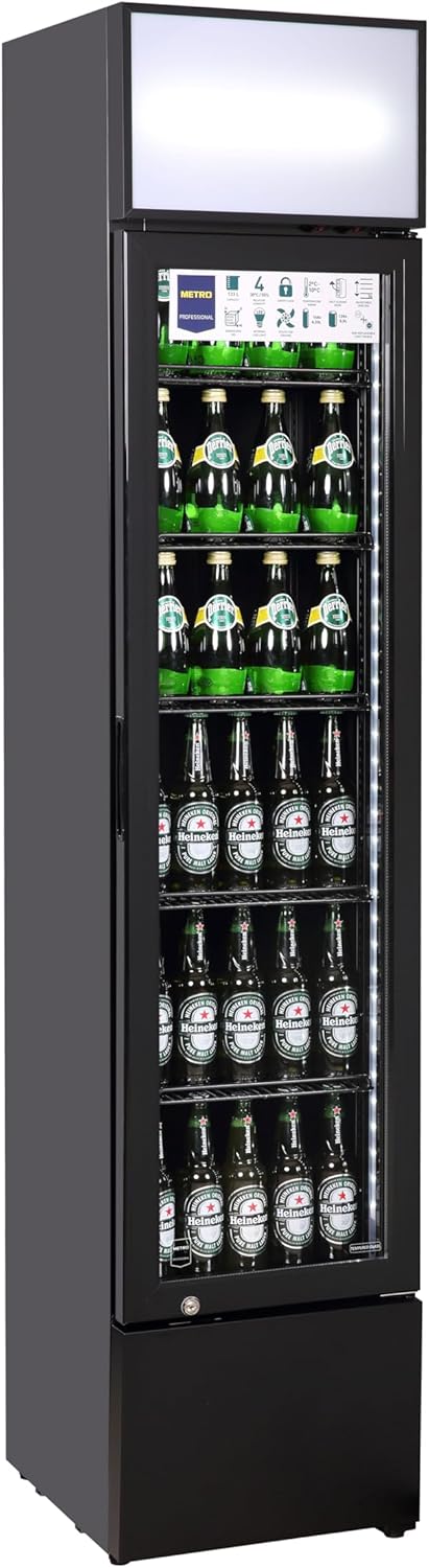 METRO Professional Getränkekühlschrank mit Glastür GSC2133B-NC, 166L, 5 verstellbaren Einlegeböden, mit Schloss, LED-Beleuchtung, Schwarz