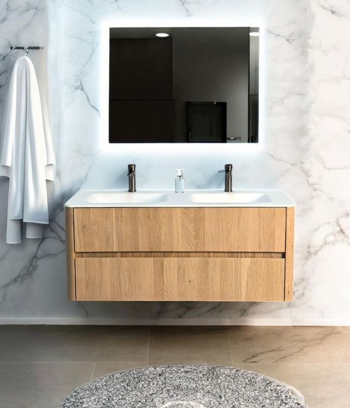 B-Stone - Branson - Badkamermeubel - Eiken - Met Wit Solid Surface Dubbele Wastafel 120cm