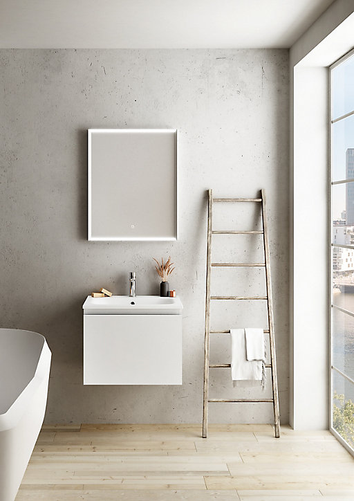 Meuble sous vasque à suspendre Pura blanc 60 cm + plan vasque en résine blanc mat