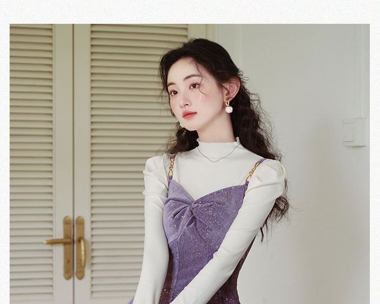 Cocaliso - Set: Lange mouwen, getailleerd, effen top met lange mouwen en een geplooide hals + spaghettibandjes, gedraaide glitter midi-lijn jurk