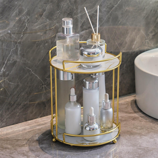 (23x20.5cm) Glas Tablett Marble Regal Home Deko Organizer 2 Etagen Ablage in Marmor Optik für Parfüm / Kosmetik / Schmuck - Weiss / Gold