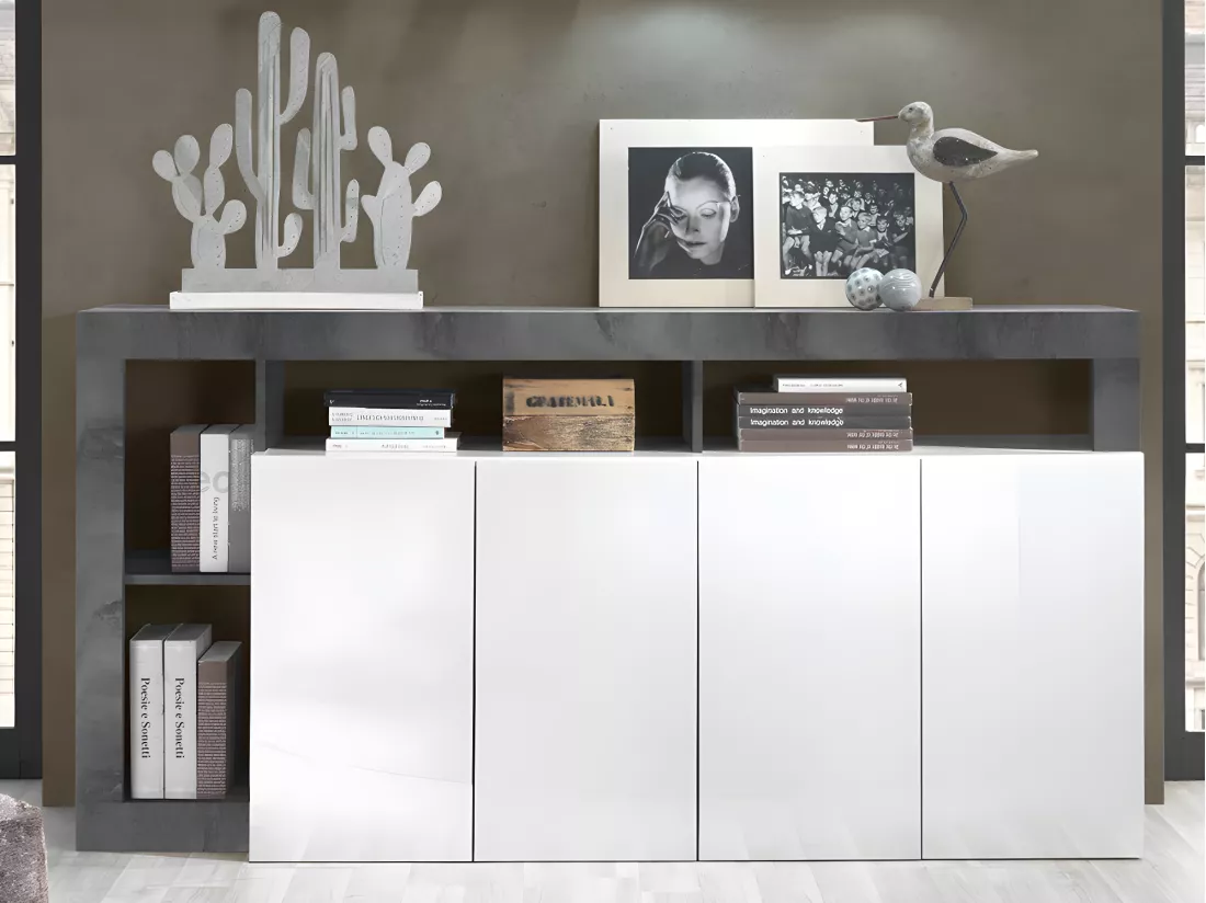 Buffet SEFRO - 4 portes et 4 niches - Blanc laqué et béton