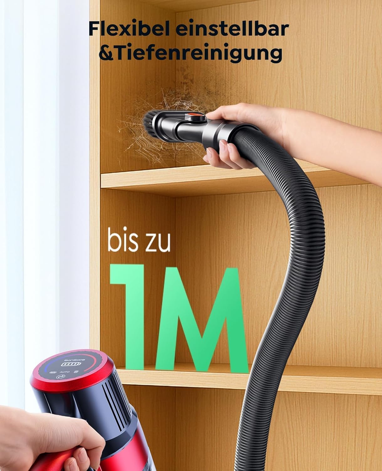 SunSare Akku Staubsauger Kabellos 50KPa/600W/65Min, Akkustaubsauger mit Automatikmodus, Wandmontierte Ladestation, Touchscreen, 1M Schlauch für Hartböden Teppiche Tierhaare Auto