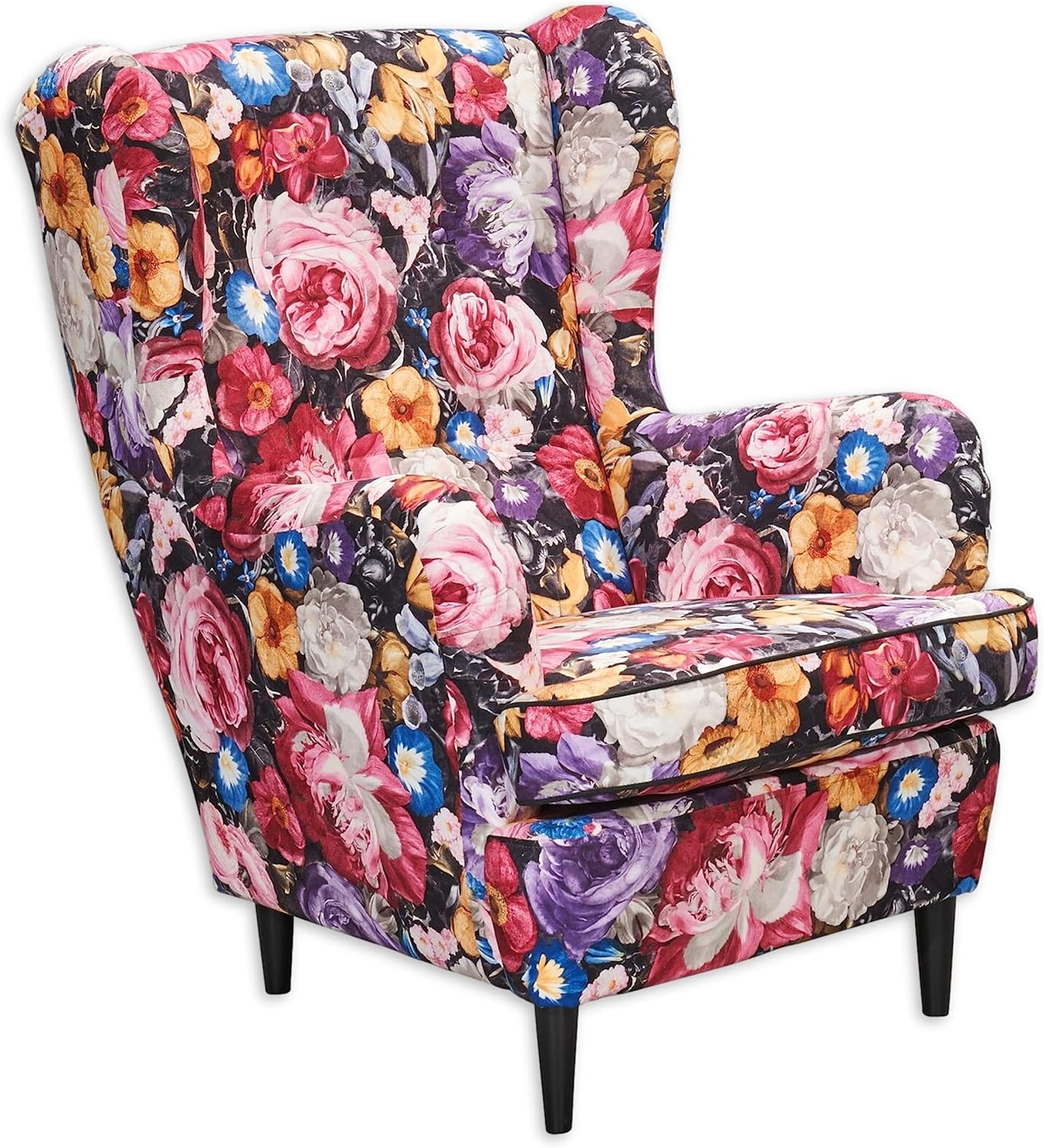 LAUREL Ohrensessel mit geknöpfter Polsterung und floralem Muster - Vintage Wohnzimmer Sessel mit Massivholz Füßen - 78 x 102 x 98 cm (B/H/T)