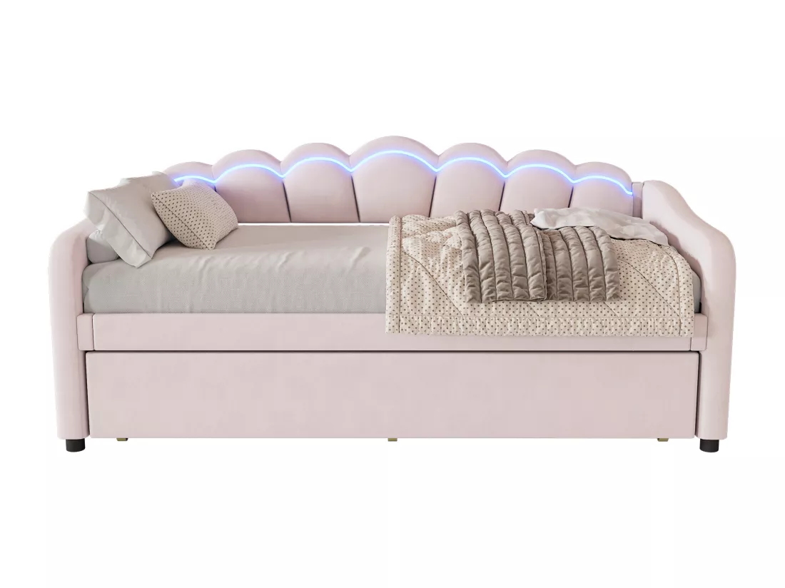 Lit gigogne 90 x 200 cm + lit 90 x 190 cm, canapé-lit - velours - LEDs - coloris rose (sans matelas)