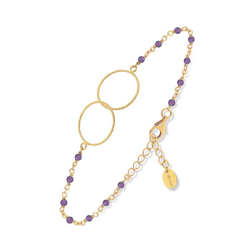 Bracelet Argent Doré Double Rond Et Pierre Amethyste