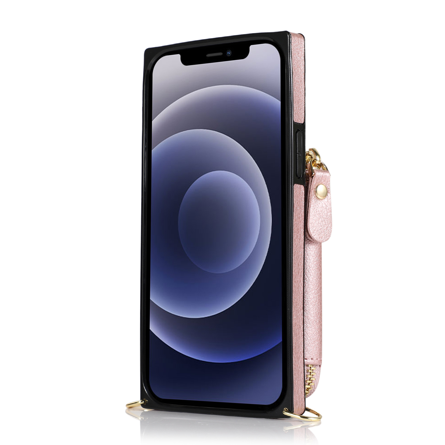 iPhone 12 / iPhone 12 Pro Necklace Leder Schutz Hülle mit Kartenfächer   Handykette (140cm) - Roségold