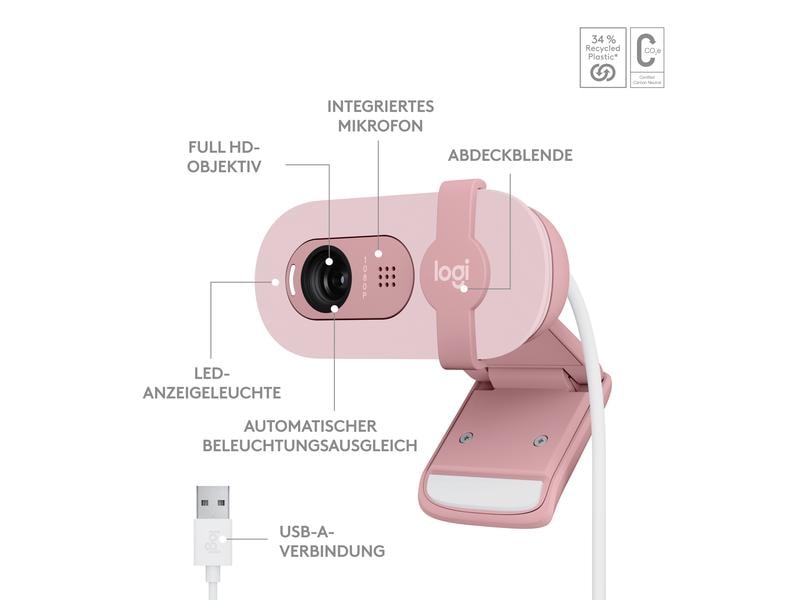 Logitech Brio 100 Rosa Full HD-Webcam mit integrierter Abdeckblende