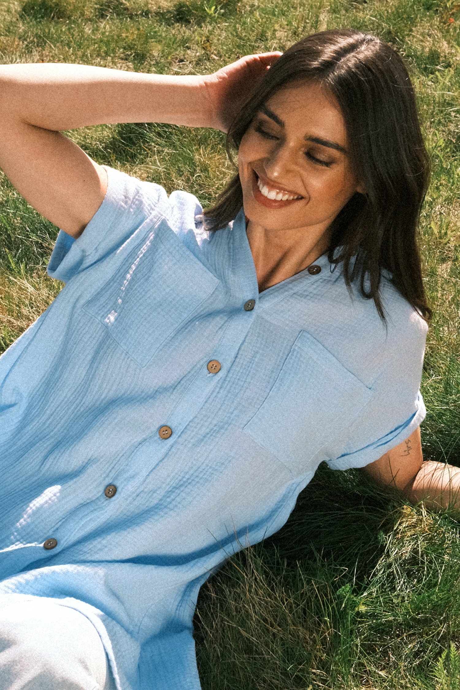 Robe à col chemise en pur coton avec poches et boutons