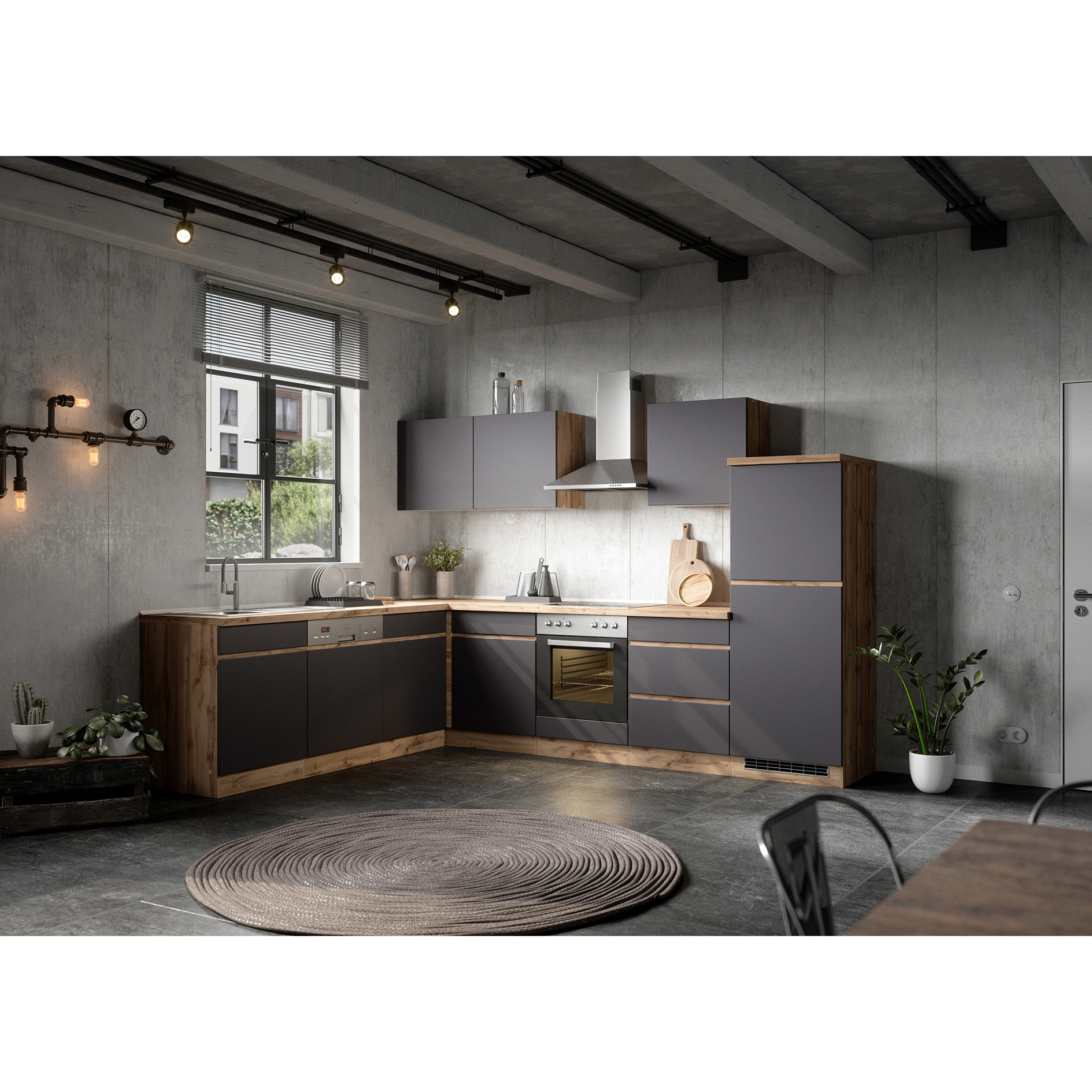Winkelblock TURIN - grau matt - Wotan Eiche - 240x300 cm