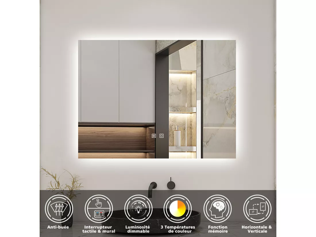 AICA LED Miroir lumineux 80x60cm 3 couleurs + anti-buée + dimmable + mémoire miroir salle de bain