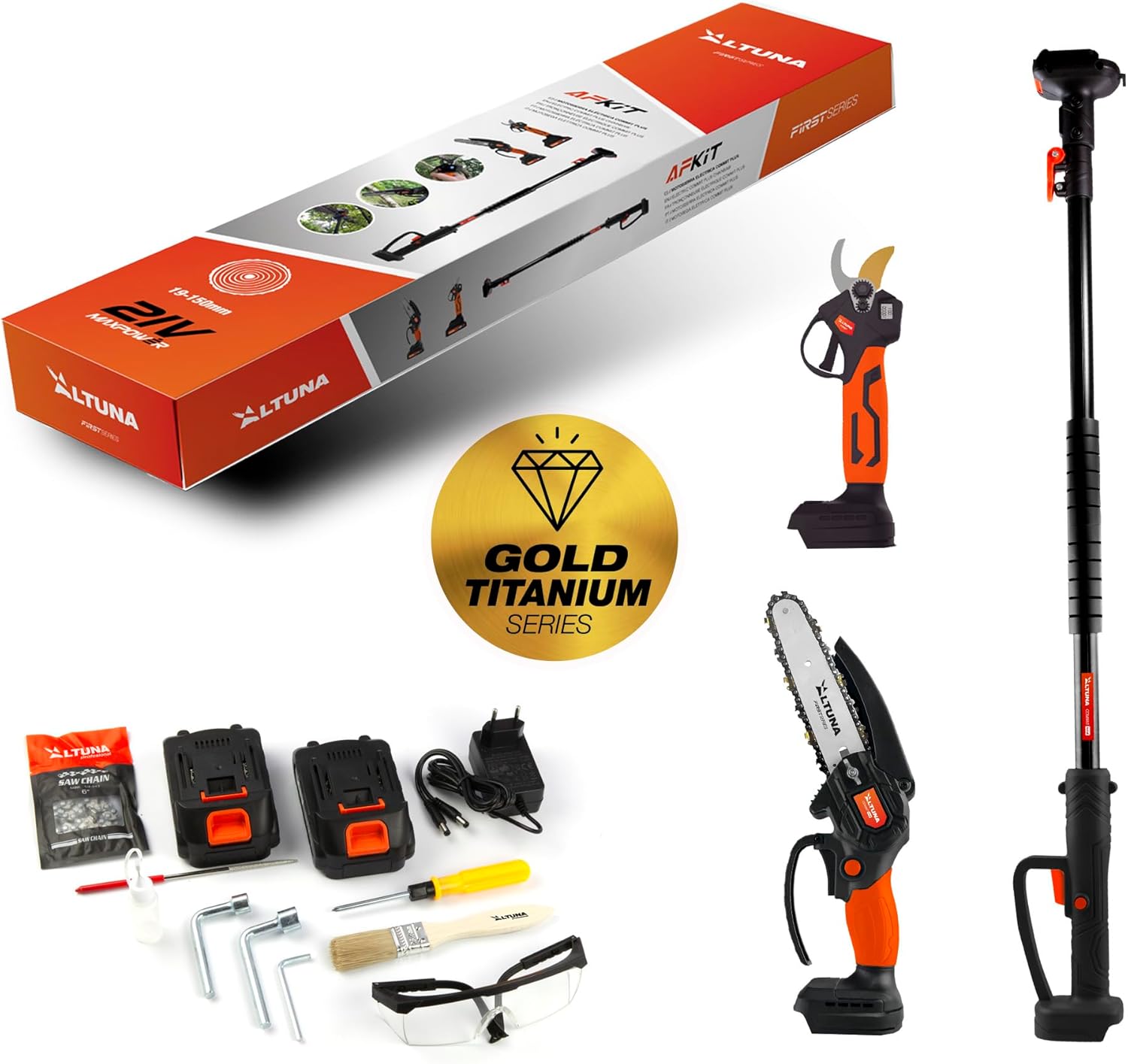 Altuna Kit für Akku-Gartenschere Titan - Elektrische Kettensäge + Elektrische Gartenschere + Teleskopstange für Höhenarbeiten von 1,63 Metern - Inklusive 2 Akkus - Mit Ladegerät und Schutzbrille