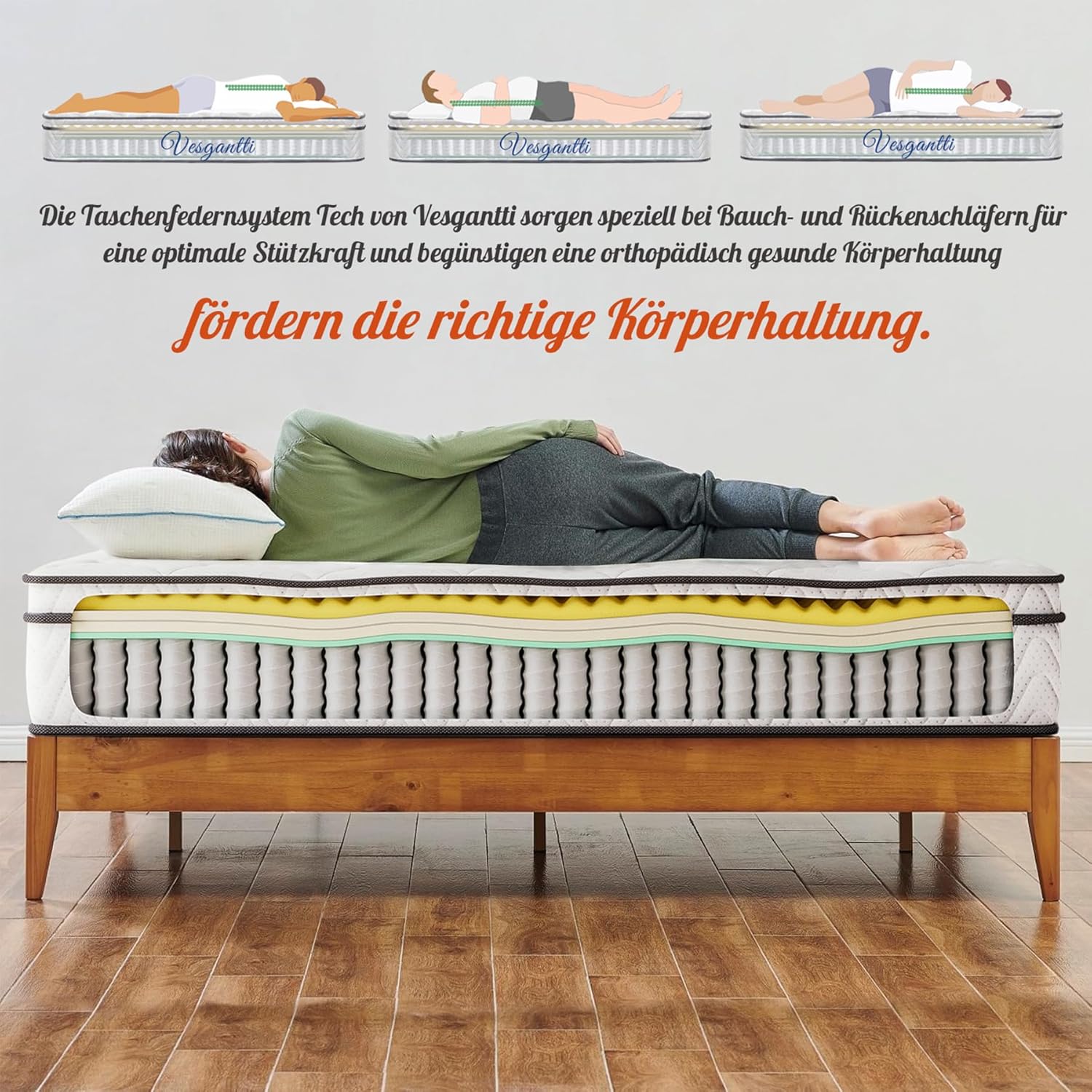 Vesgantti 30cm Höhe Matratze H3 7-Zonen 90x200cm Taschenfederkernmatratze Mittelfeste Orthopädischem Kaltschaummatratze Öko-Tex Zertifiziert Matratzen Klassik BoxTop