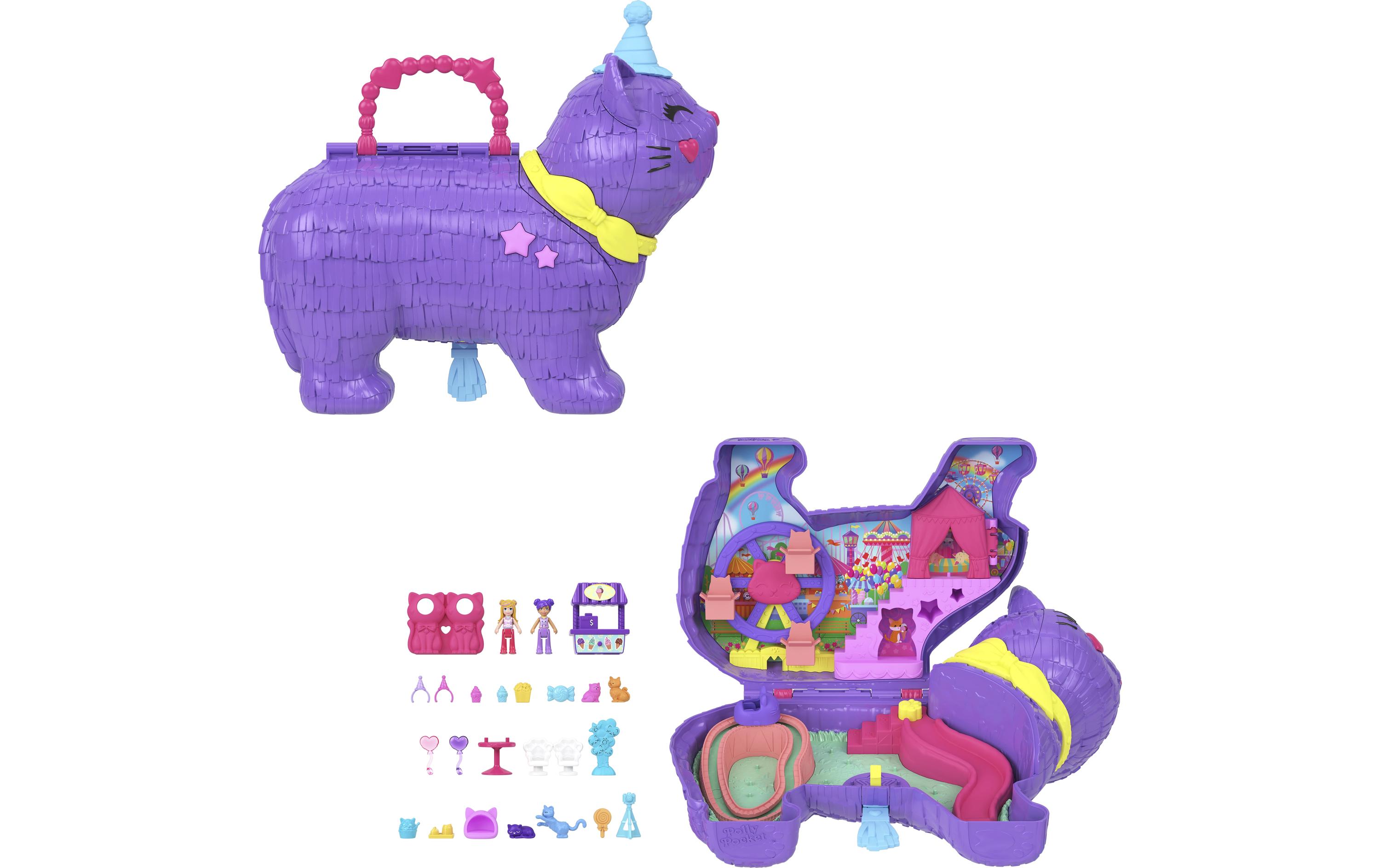 Spielset Party Kätzchen PinataParty-Katzen-Spielset mit 2 Mikropuppen, 23-Überraschungs-Zubehörteilen inklusive Tieren, Geburtstags-Party mit Riesenrad-Fahrt
