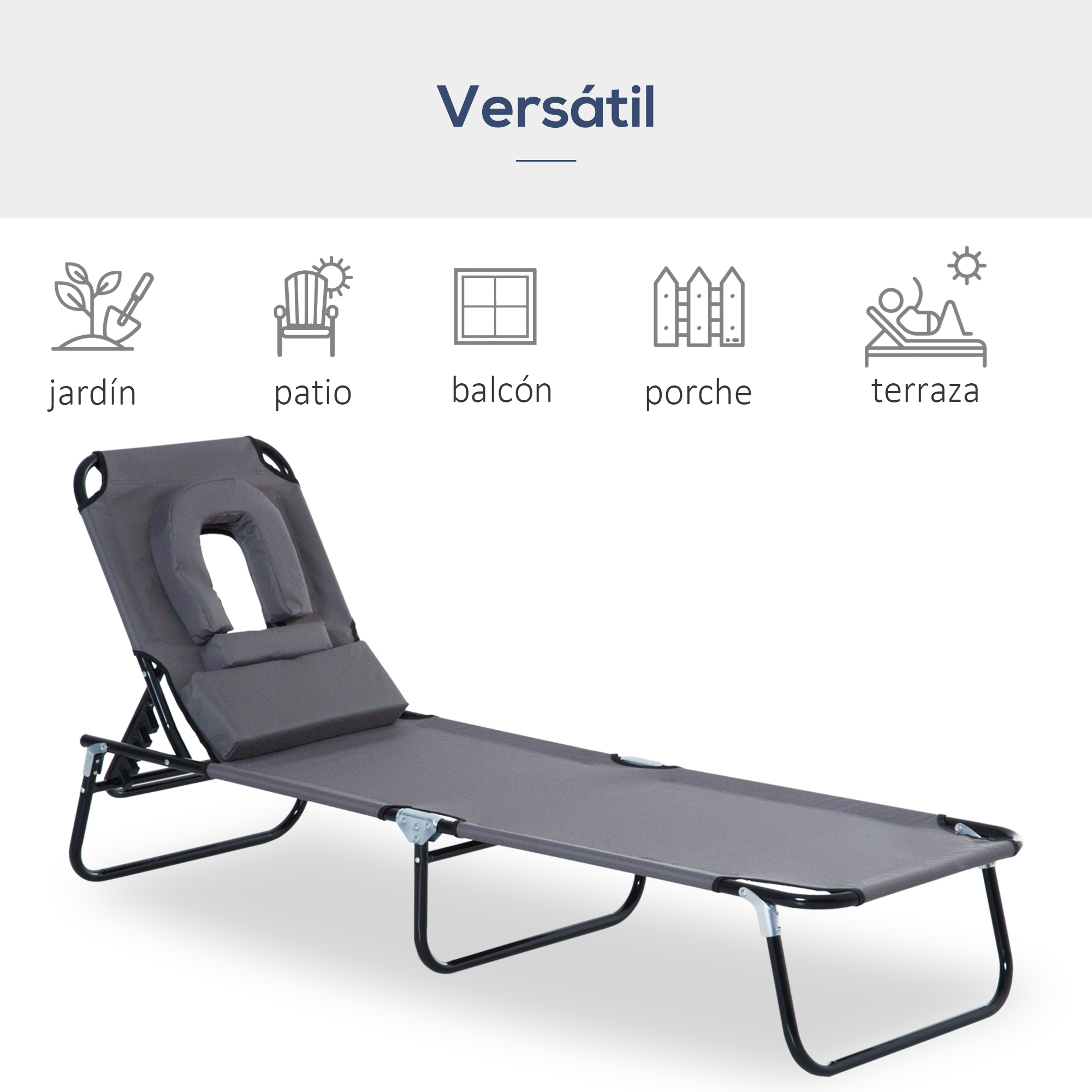 Espreguiçadeira dobrável Outsunny com encosto ajustável em 4 posições, espreguiçadeira de jardim com almofada, estrutura de aço e tecido Oxford para camping, praia e terraço, capacidade de carga de 120 kg, 190 x 56 x 28 cm, cinza