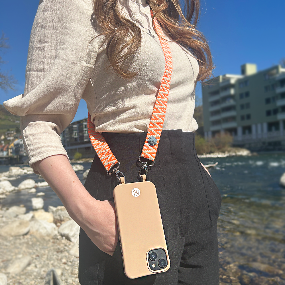 Handyband Handgemachtes Umhängeband für Handyhüllen Aztec Gold - Ecru / Fluo Orange Assos