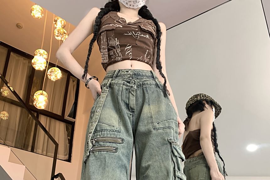 Porstina - Cargojeans met hoge taille en wijde pijpen