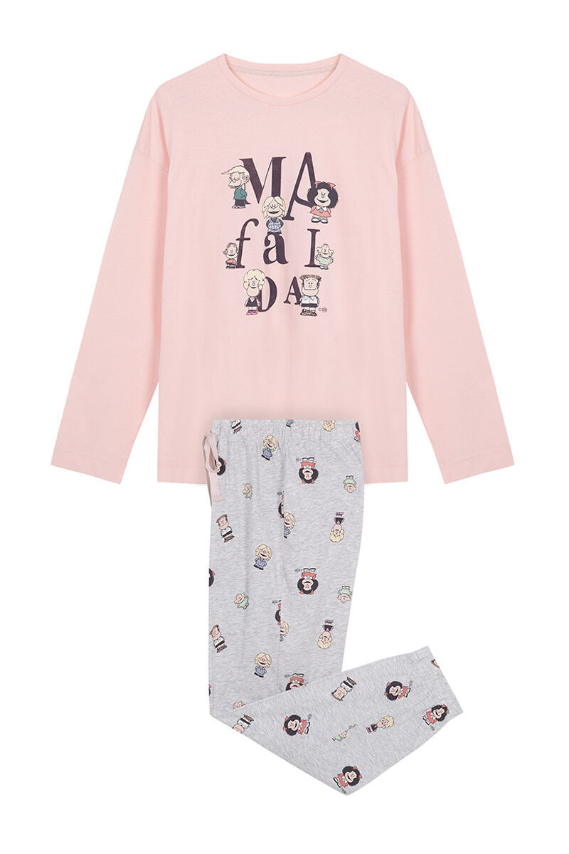 Pijama comprido Mafalda rosa de algodão - rosa