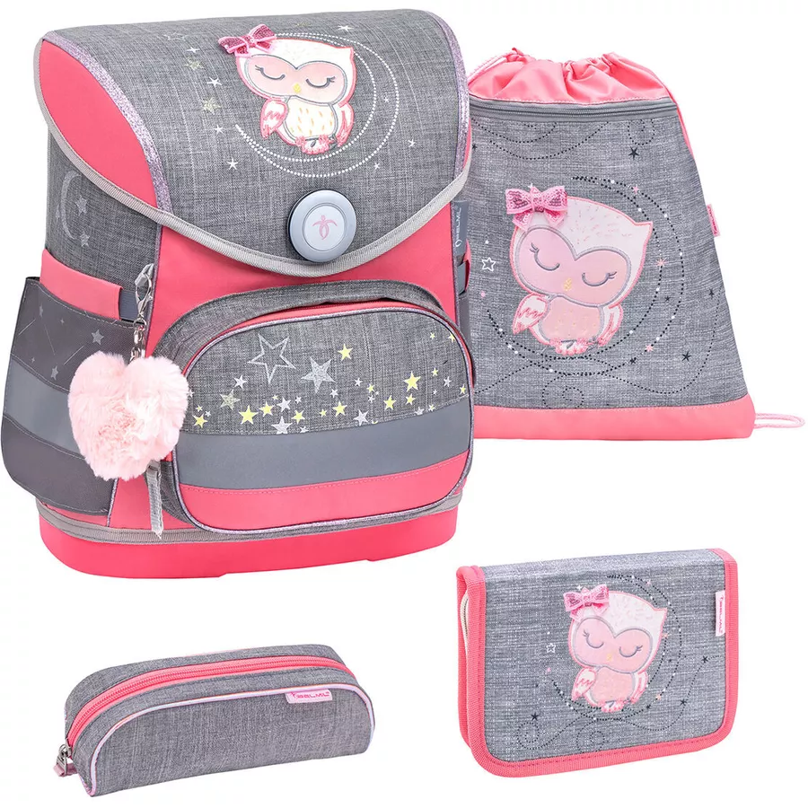 Belmil Schulranzen Compact Schulranzen Set 4-teilig mit Brustgurt Little Owl