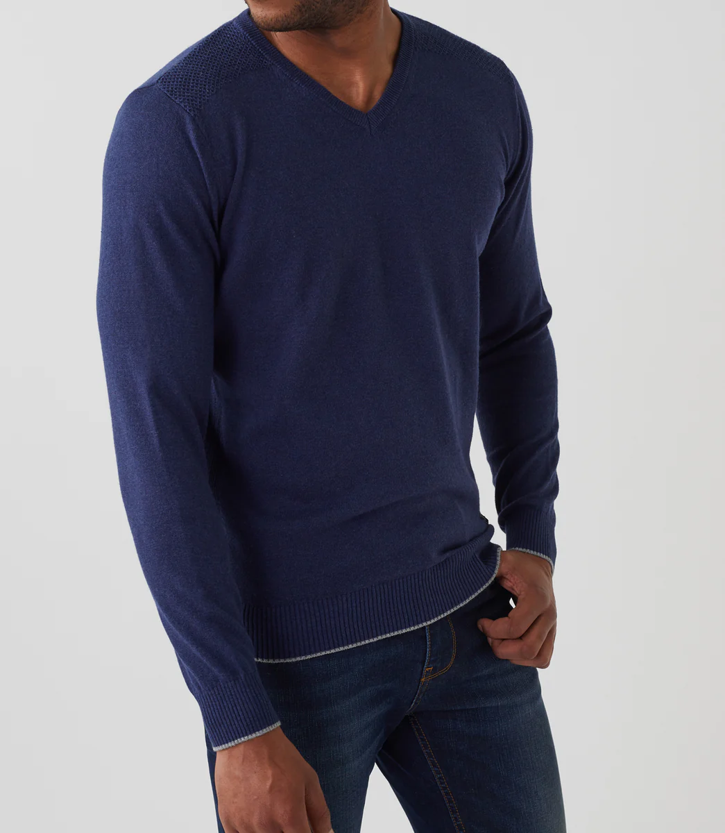 Pull col V coton-cachemire bleu 