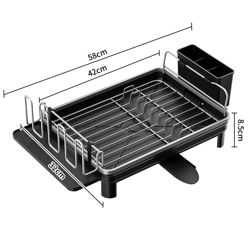 (42x32cm) Geschirr Abtropfgestell Küchen Trocknungskorb Teller Gitter Rack mit Ablauf / Besteck Korb - Schwarz