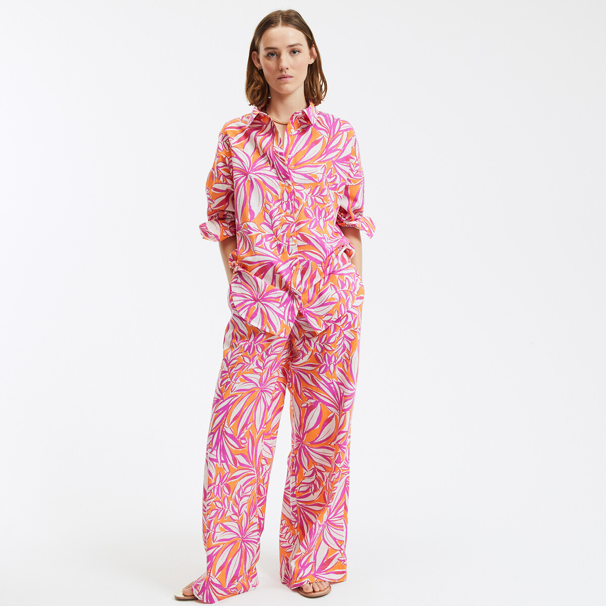COLEÇÕES LA REDOUTE<br>Calças de perna larga, cintura elástica, estampa floral