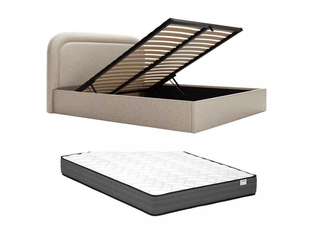 Lit coffre 180 x 200 cm - Tissu chiné - Beige + Matelas - FIREZA