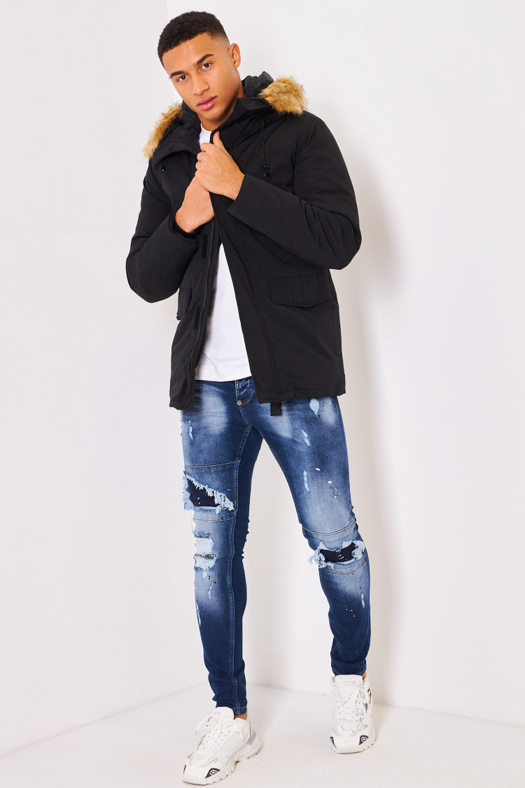 Parka noire capuche fausse fourrure