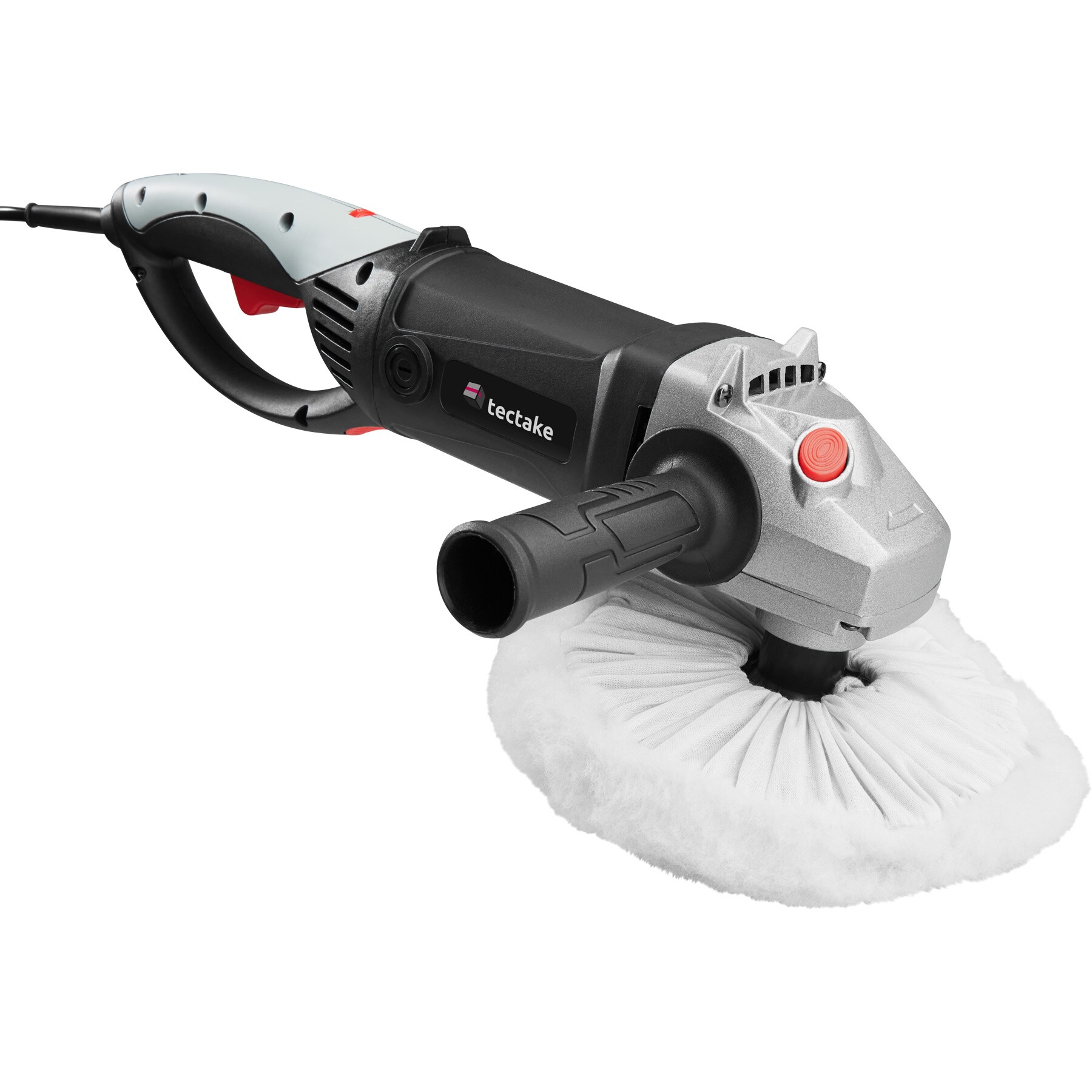 tectake® 37-teiliges Poliermaschinen-Set, 1500 W, mit 180° Drehgriff und zusätzlichem Stabgriff, inklusive Lackpolitur, 2 Mikrofasertüchern, Wischer, Schwamm, Handschuh, 4 Schleifpapieren, 2 Ersatzkohlen und Transportkoffer