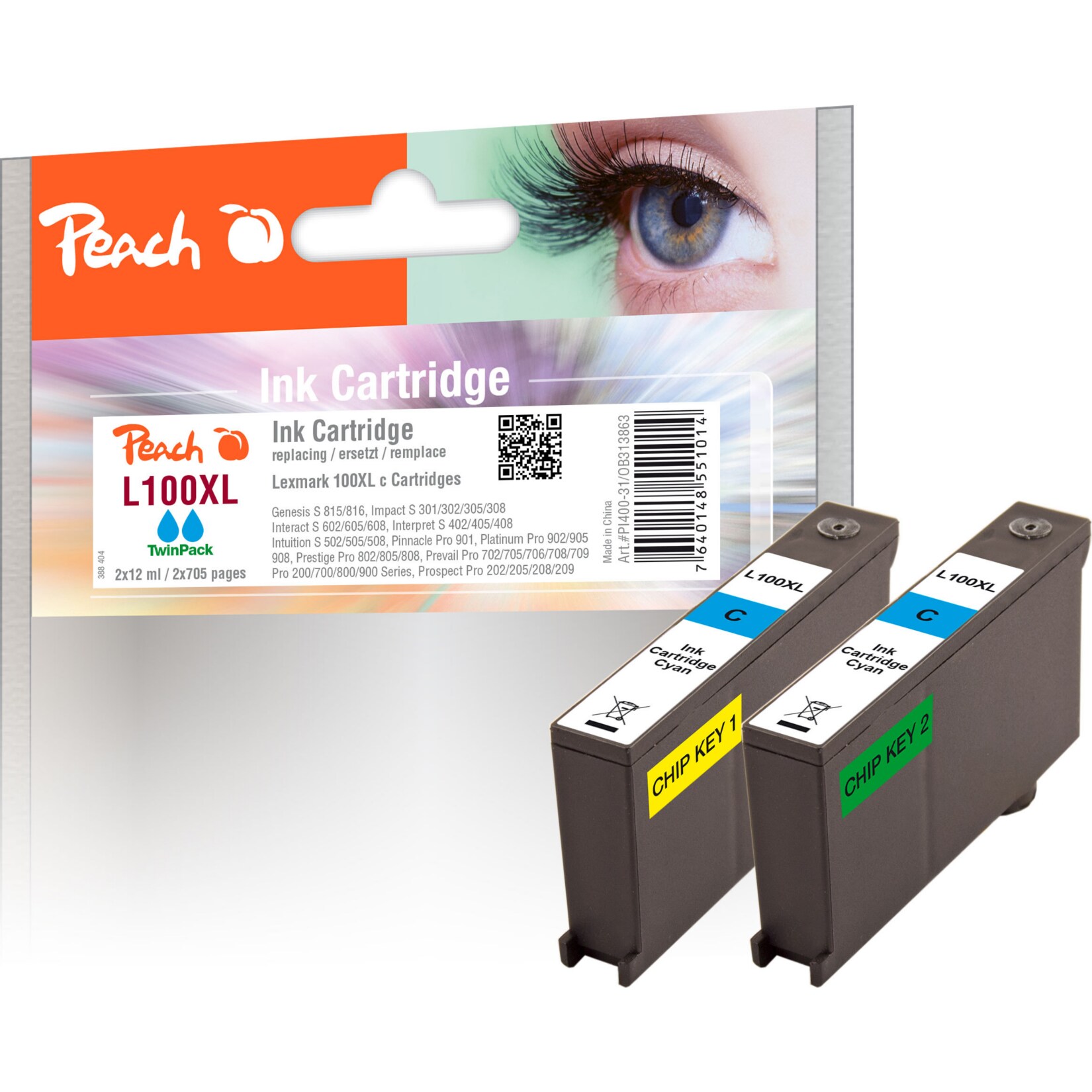 Peach L100 XLC Doppelpack 2 Druckerpatronen XL 2*cy ersetzt Lexmark No. 100XLC*2, 14N1069E, 14N1093 für z.B. Lexmark Genesis S 810, Lexmark Pro 200 (wiederaufbereitet)