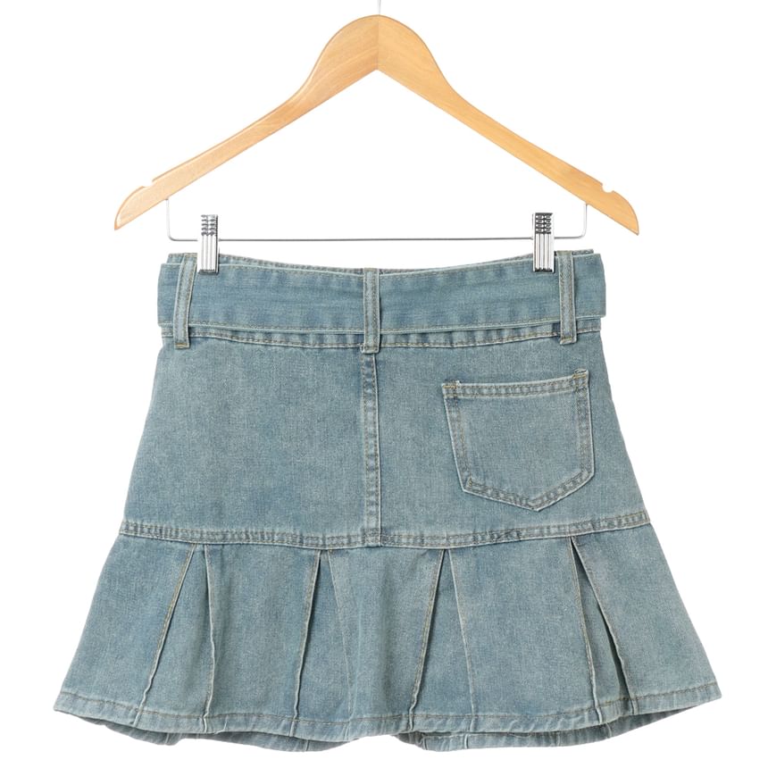 Bolgivy - Mini A-lijn denim rok met hoge taille en riem