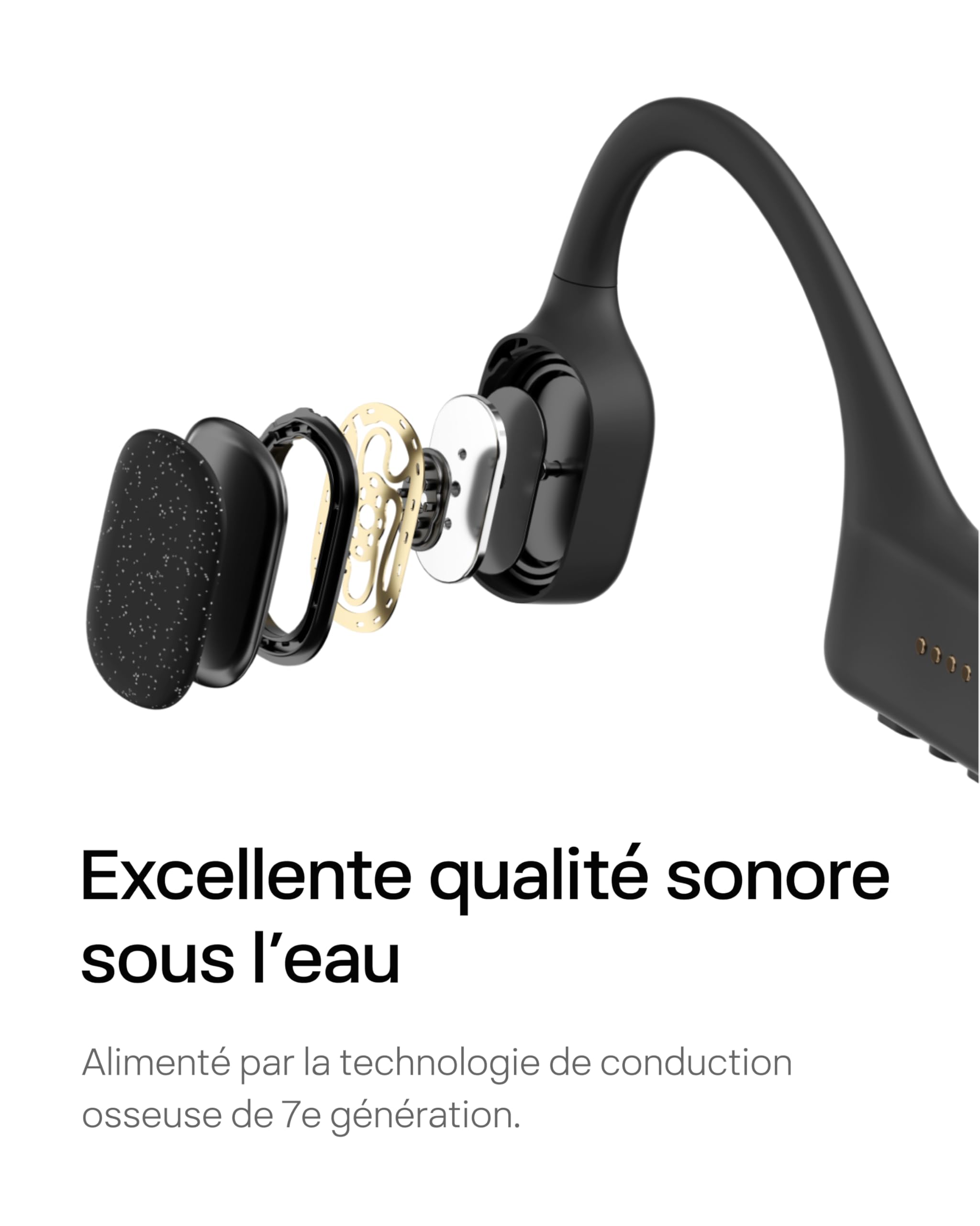 SHOKZ OpenSwim Casque à Conduction osseuse, Lecteur MP3 de Natation étanche IP68, écouteurs de Sport Oreilles Libres avec 4 GB de mémoire, 8H d’autonomie, Bouchons d’oreilles (sans Bluetooth), Noir